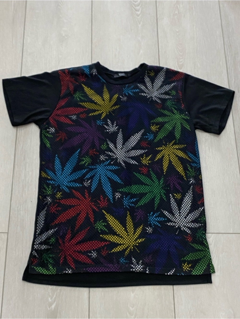 MCM Black Short-Sleeve Tee with Multicolor Leaf Print